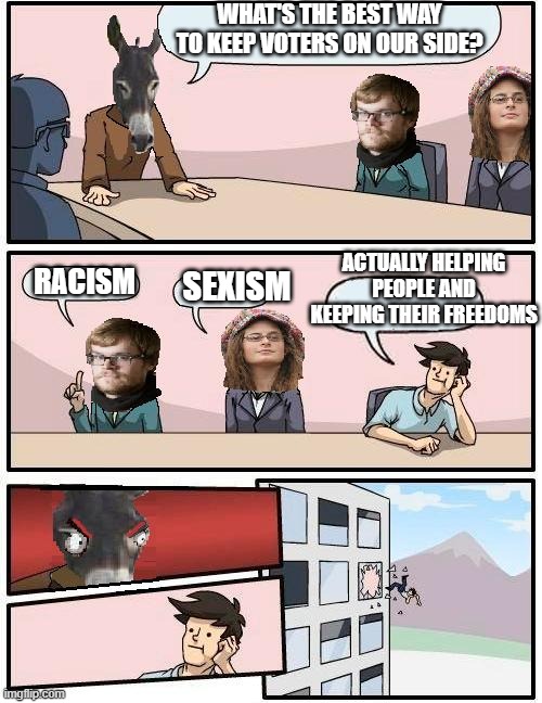 Democrat Boardroom Suggestion | WHAT'S THE BEST WAY TO KEEP VOTERS ON OUR SIDE? ACTUALLY HELPING PEOPLE AND KEEPING THEIR FREEDOMS; RACISM; SEXISM | image tagged in democrat boardroom suggestion | made w/ Imgflip meme maker