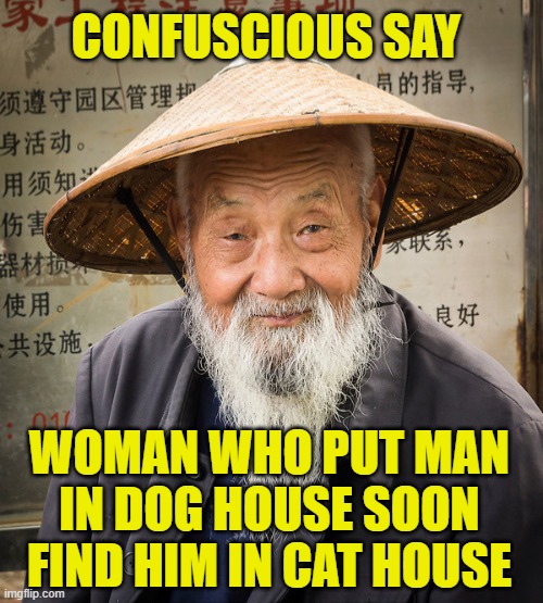 Meow | CONFUSCIOUS SAY; WOMAN WHO PUT MAN IN DOG HOUSE SOON FIND HIM IN CAT HOUSE | image tagged in confuscius say | made w/ Imgflip meme maker