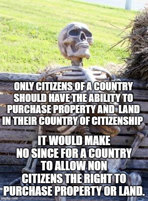 Waiting Skeleton | ONLY CITIZENS OF A COUNTRY SHOULD HAVE THE ABILITY TO PURCHASE PROPERTY AND  LAND IN THEIR COUNTRY OF CITIZENSHIP; IT WOULD MAKE NO SINCE FOR A COUNTRY TO ALLOW NON CITIZENS THE RIGHT TO PURCHASE PROPERTY OR LAND. | image tagged in memes,waiting skeleton | made w/ Imgflip meme maker