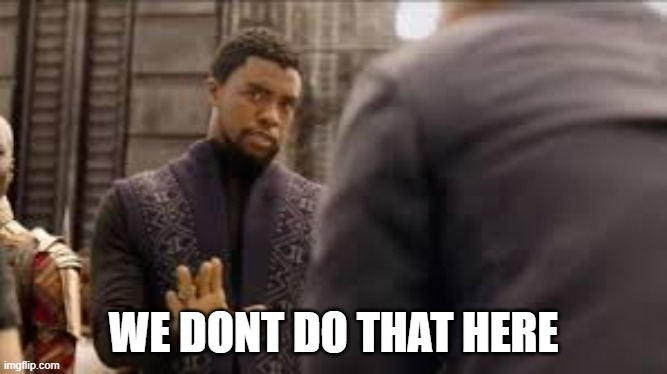 Black Panther Chadwick Boseman Rest In Heaven King | WE DONT DO THAT HERE | image tagged in black panther chadwick boseman rest in heaven king | made w/ Imgflip meme maker
