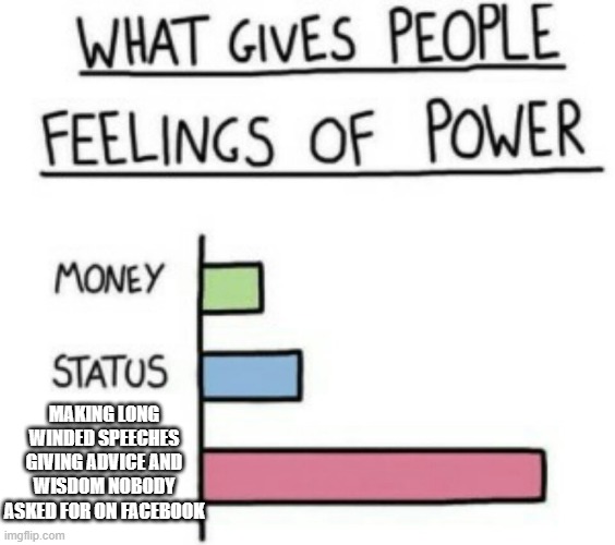 What Gives People Feelings of Power | MAKING LONG WINDED SPEECHES GIVING ADVICE AND WISDOM NOBODY ASKED FOR ON FACEBOOK | image tagged in what gives people feelings of power | made w/ Imgflip meme maker