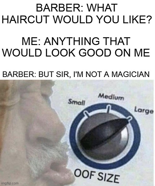 QUICK! get some ice. Those are severe burn | BARBER: WHAT HAIRCUT WOULD YOU LIKE? ME: ANYTHING THAT WOULD LOOK GOOD ON ME; BARBER: BUT SIR, I'M NOT A MAGICIAN | image tagged in oof size large | made w/ Imgflip meme maker