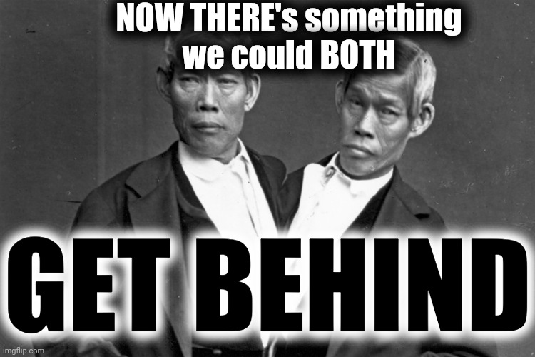 Siamese Twins chang eng bunker | NOW THERE's something
we could BOTH GET BEHIND | image tagged in siamese twins chang eng bunker | made w/ Imgflip meme maker