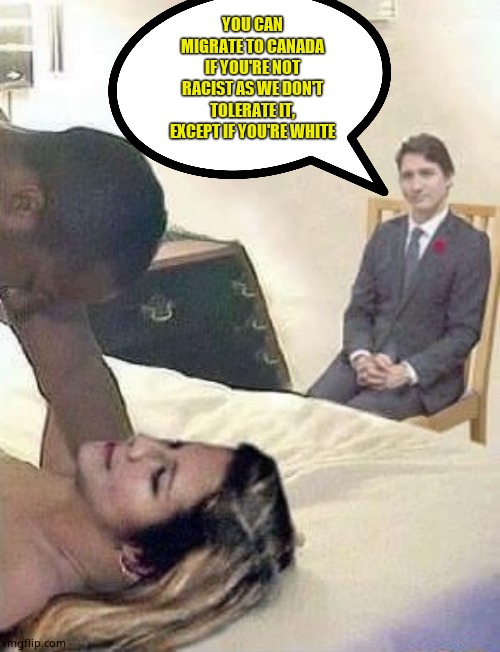 Cuck Trudeau | YOU CAN MIGRATE TO CANADA IF YOU'RE NOT RACIST AS WE DON'T TOLERATE IT, EXCEPT IF YOU'RE WHITE | image tagged in cuck trudeau | made w/ Imgflip meme maker