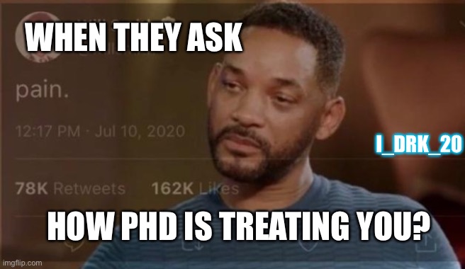 Phd meme | WHEN THEY ASK; I_DRK_20; HOW PHD IS TREATING YOU? | image tagged in pain will smith | made w/ Imgflip meme maker