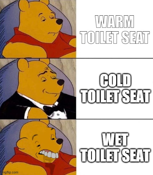 Best,Better, Blurst | WARM TOILET SEAT; COLD TOILET SEAT; WET TOILET SEAT | image tagged in best better blurst | made w/ Imgflip meme maker