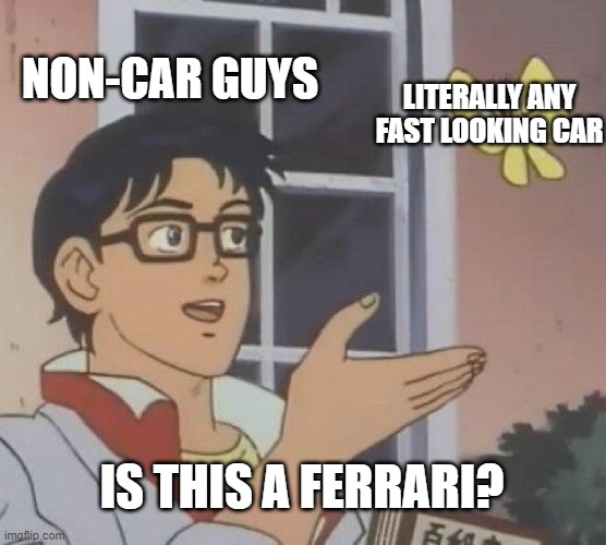 I hate those guys who call every car a Ferrari | NON-CAR GUYS; LITERALLY ANY FAST LOOKING CAR; IS THIS A FERRARI? | image tagged in memes,is this a pigeon | made w/ Imgflip meme maker