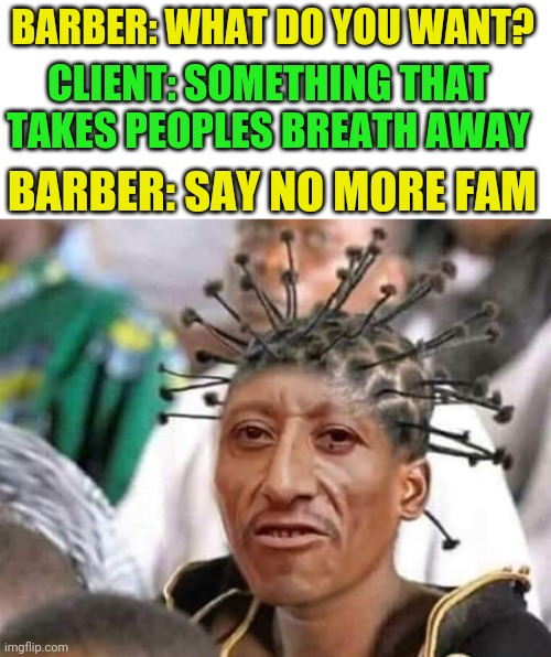 Fail? | BARBER: WHAT DO YOU WANT? CLIENT: SOMETHING THAT TAKES PEOPLES BREATH AWAY; BARBER: SAY NO MORE FAM | image tagged in haircut,covid-19 | made w/ Imgflip meme maker