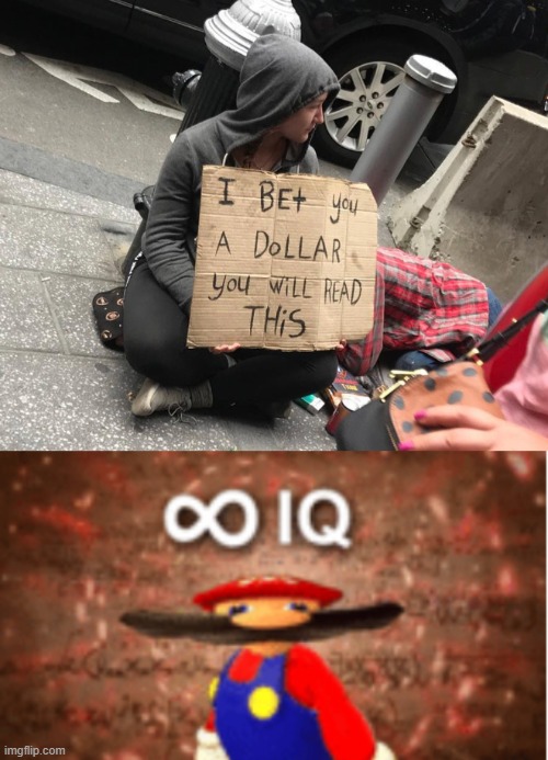Infinite IQ | image tagged in infinite iq,a dollar,bet,homeless cardboard,memes | made w/ Imgflip meme maker