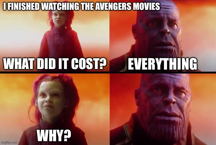What did it cost? | I FINISHED WATCHING THE AVENGERS MOVIES; EVERYTHING; WHAT DID IT COST? WHY? | image tagged in what did it cost | made w/ Imgflip meme maker