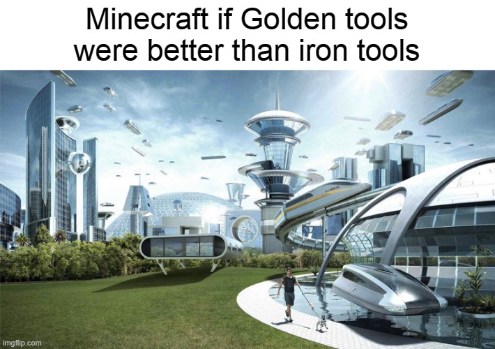 At least it could be better than stone | Minecraft if Golden tools were better than iron tools | image tagged in the future world if,memes,minecraft,gold,iron,funny memes | made w/ Imgflip meme maker