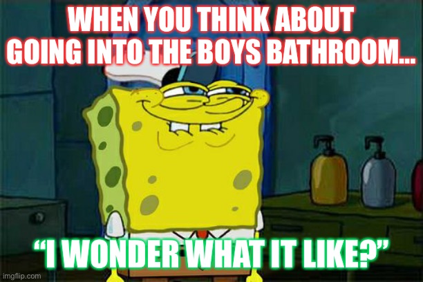 Hehehehe | WHEN YOU THINK ABOUT GOING INTO THE BOYS BATHROOM…; “I WONDER WHAT IT LIKE?” | image tagged in memes,don't you squidward | made w/ Imgflip meme maker