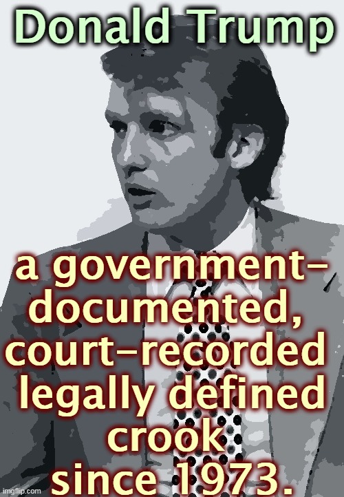 Since 1973. You could look it up. | Donald Trump; a government-
documented, 
court-recorded 
legally defined
crook 
since 1973. | image tagged in trump,criminal,crook,life | made w/ Imgflip meme maker