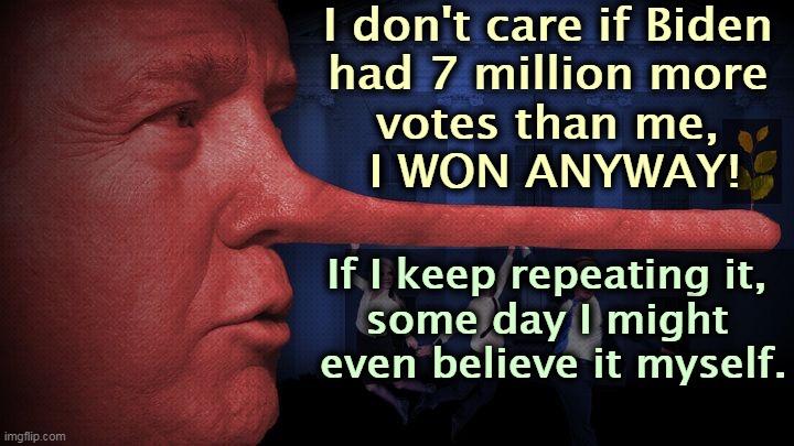 That's the trouble with lies. They're not true. | I don't care if Biden 
had 7 million more 
votes than me, 
I WON ANYWAY! If I keep repeating it, 
some day I might 
even believe it myself. | image tagged in trump pinocchio the big liar,trump,big,lie,loser | made w/ Imgflip meme maker