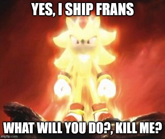 Kill me, i seriously don't care. | YES, I SHIP FRANS; WHAT WILL YOU DO?, KILL ME? | image tagged in super shadow,shipping | made w/ Imgflip meme maker