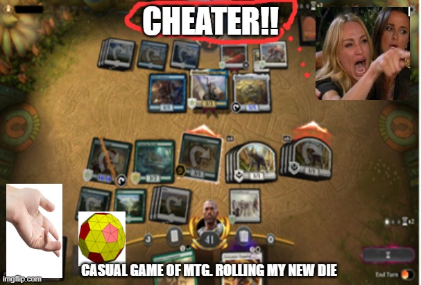 Beat that | CHEATER!! CASUAL GAME OF MTG. ROLLING MY NEW DIE | image tagged in mtg,poly | made w/ Imgflip meme maker