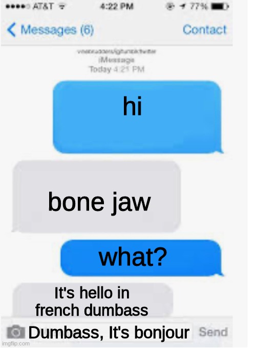 Bone jaw or Bonjour? | hi; bone jaw; what? It's hello in french dumbass; Dumbass, It's bonjour | image tagged in blank text conversation,bone,jaws,french,oh wow are you actually reading these tags | made w/ Imgflip meme maker