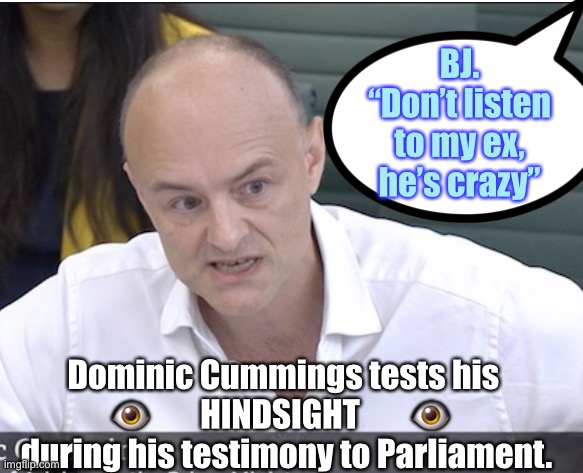 the benefit of hindsight | BJ. “Don’t listen to my ex, he’s crazy”; Dominic Cummings tests his 
👁        HINDSIGHT        👁  
during his testimony to Parliament. | image tagged in cummings,parliament | made w/ Imgflip meme maker