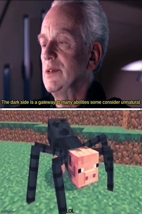 The dark side is a gateway to many abilities some consider unnatural; LOL | image tagged in pig,spider,palpatine,dark side | made w/ Imgflip meme maker