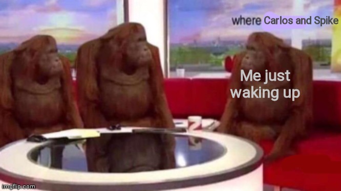 Where are they | Carlos and Spike; Me just waking up | image tagged in where banana blank,oh wow are you actually reading these tags,funny,memes | made w/ Imgflip meme maker