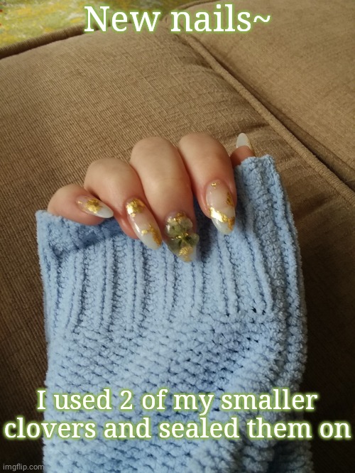 Good luck~ | New nails~; I used 2 of my smaller clovers and sealed them on | image tagged in hehe,nail art | made w/ Imgflip meme maker