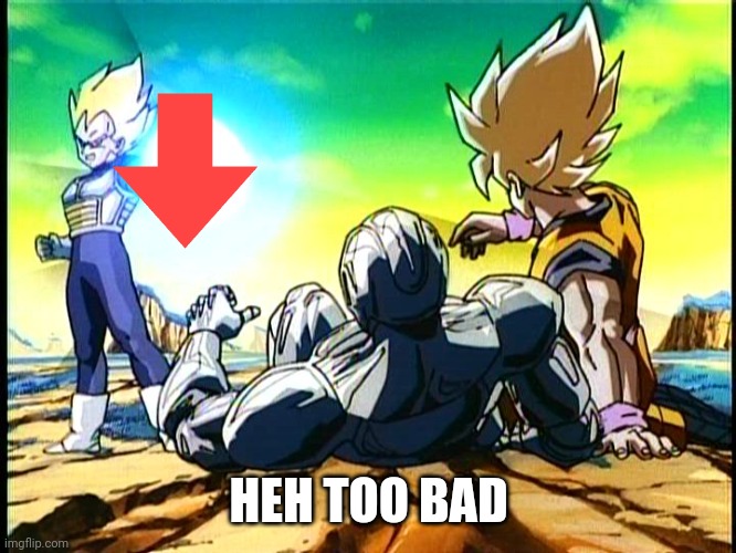 vegeta big bang attack | HEH TOO BAD | image tagged in vegeta big bang attack | made w/ Imgflip meme maker