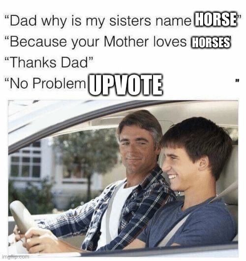Everybody loves upvotes | HORSE; HORSES; UPVOTE | image tagged in why is my sister's name rose | made w/ Imgflip meme maker