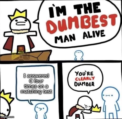 Who would do this | I answered C four times on a matching test | image tagged in i am the dumbest man alive | made w/ Imgflip meme maker