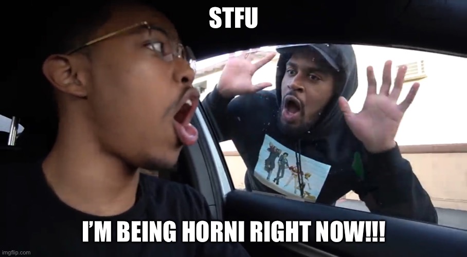 Just STFU | STFU; I’M BEING HORNI RIGHT NOW!!! | image tagged in just stfu | made w/ Imgflip meme maker