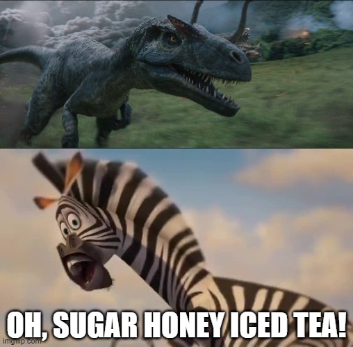 Marty the Zebra Meets Allosaurus | OH, SUGAR HONEY ICED TEA! | image tagged in madagascar,jurassic park,jurassic world,dreamworks | made w/ Imgflip meme maker
