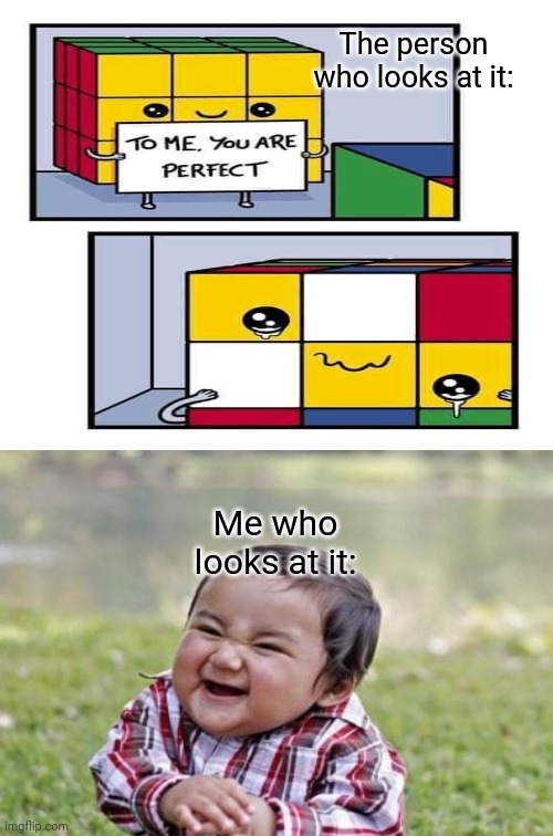 Wholesome Rubix Cube | The person who looks at it:; Me who looks at it: | image tagged in evil toddler,memes,funny,wholesome,task failed successfully,two buttons | made w/ Imgflip meme maker