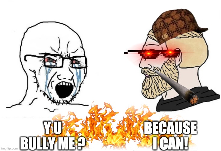 Soyboy Vs Yes Chad | BECAUSE I CAN! Y U BULLY ME ? | image tagged in soyboy vs yes chad,memes,funny,funny memes,gangsta | made w/ Imgflip meme maker