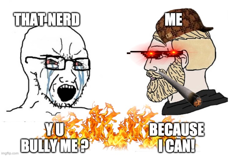 buly nerd | THAT NERD; ME; BECAUSE I CAN! Y U BULLY ME ? | image tagged in soyboy vs yes chad,funny memes,memes,funny,fun,nerd | made w/ Imgflip meme maker