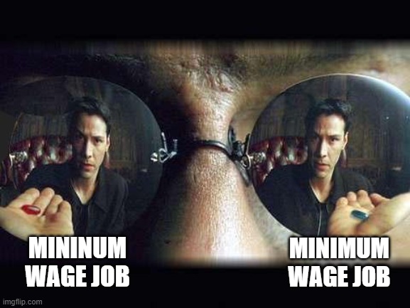 "YoU hAVe aLL tHe OpTIOns iN thE wOrLD" | MININUM WAGE JOB; MINIMUM WAGE JOB | image tagged in red pill blue pill,minimum wage,job | made w/ Imgflip meme maker