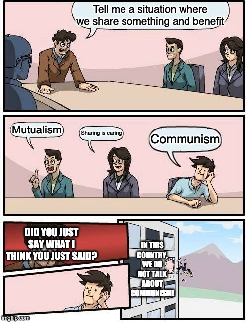 America in the 1950s | Tell me a situation where we share something and benefit; Mutualism; Sharing is caring; Communism; IN THIS COUNTRY, WE DO NOT TALK ABOUT COMMUNISM! DID YOU JUST SAY WHAT I THINK YOU JUST SAID? | image tagged in memes,boardroom meeting suggestion | made w/ Imgflip meme maker