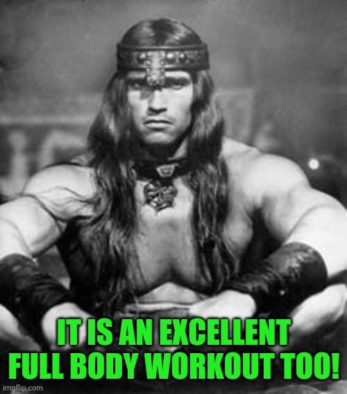 Conan the Barbarian | IT IS AN EXCELLENT FULL BODY WORKOUT TOO! | image tagged in conan the barbarian | made w/ Imgflip meme maker