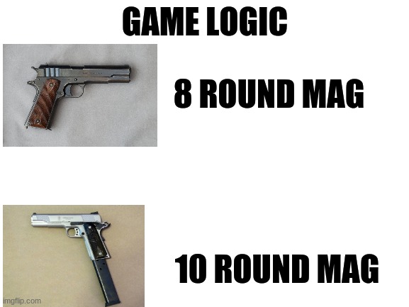 Games Be Like | GAME LOGIC; 8 ROUND MAG; 10 ROUND MAG | image tagged in blank white template | made w/ Imgflip meme maker