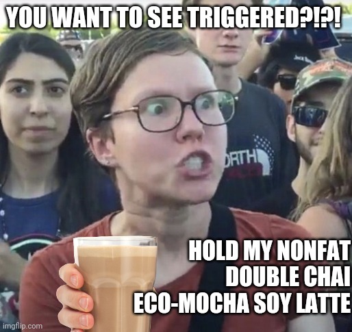 Only the wokest of beverages | YOU WANT TO SEE TRIGGERED?!?! HOLD MY NONFAT DOUBLE CHAI ECO-MOCHA SOY LATTE | image tagged in triggered feminist | made w/ Imgflip meme maker