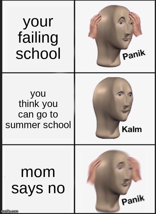 Panik Kalm Panik | your failing school; you think you can go to summer school; mom says no | image tagged in memes,panik kalm panik | made w/ Imgflip meme maker