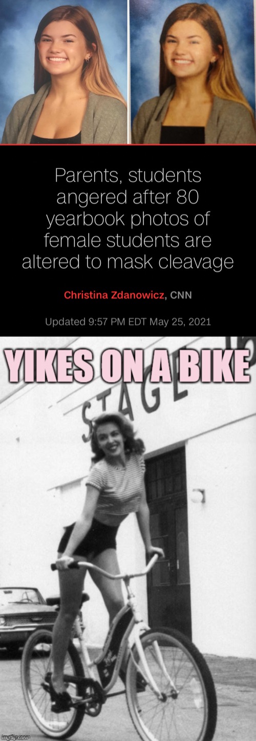 Can they leave these girls alone? That outfit is quite conservative already. Jesus | image tagged in yearbook photos altered sexist,kylie yikes on a bike | made w/ Imgflip meme maker