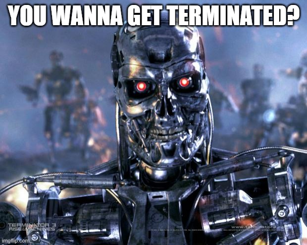 Terminator Robot T-800 | YOU WANNA GET TERMINATED? | image tagged in terminator robot t-800 | made w/ Imgflip meme maker