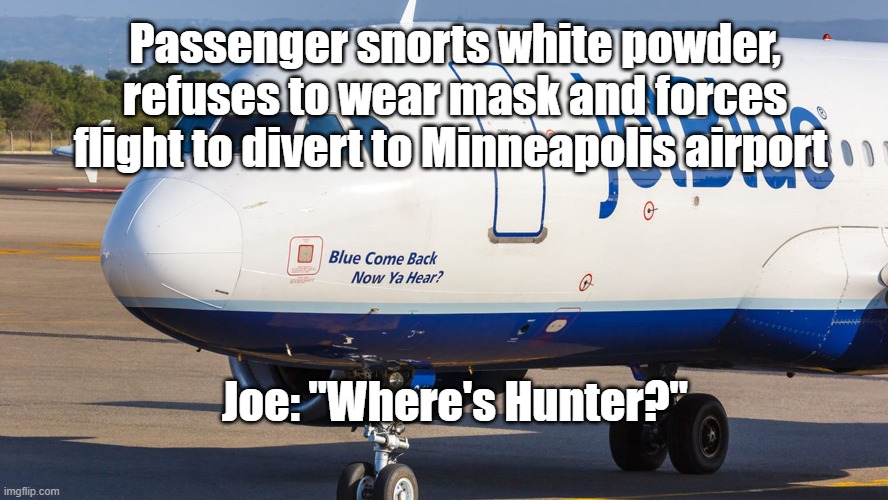 Where's Hunter? | Passenger snorts white powder, refuses to wear mask and forces flight to divert to Minneapolis airport; Joe: "Where's Hunter?" | image tagged in joe biden,snort,cocaine,hunter,politics | made w/ Imgflip meme maker