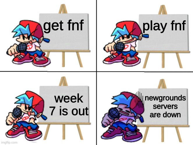 the bf's plan | play fnf; get fnf; week 7 is out; newgrounds servers are down | image tagged in the bf's plan | made w/ Imgflip meme maker