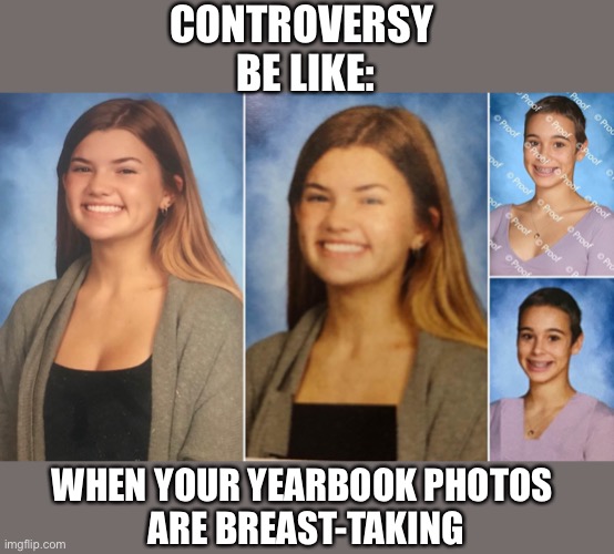 When James Fridman Is The Yearbook Photo Editor | CONTROVERSY 
BE LIKE:; WHEN YOUR YEARBOOK PHOTOS 
ARE BREAST-TAKING | image tagged in bartram trail high school,florida,yearbook contraversy,james fridman,photoshop troll,cleavage | made w/ Imgflip meme maker