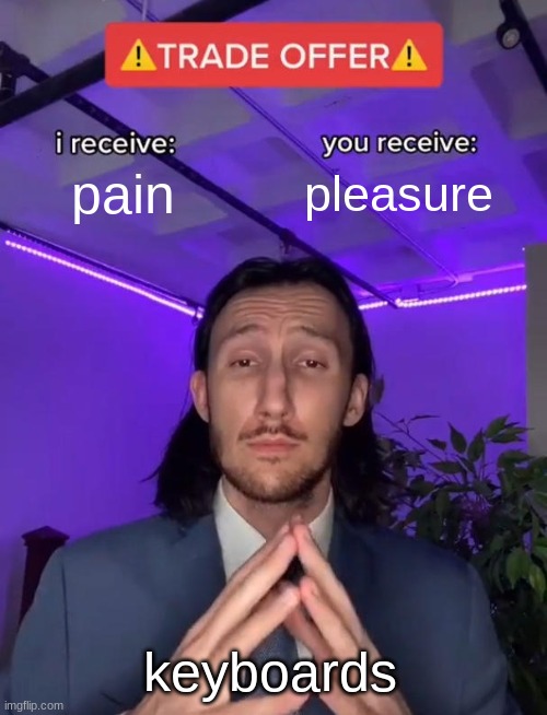 stop abusing them | pain; pleasure; keyboards | image tagged in trade offer | made w/ Imgflip meme maker