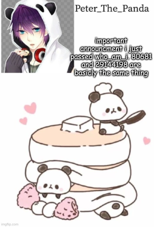 XD thank you all for 80k | important announcment i just passed who_am_i. 80681 and 29144198 are basicly the same thing | image tagged in peter_the_panda template | made w/ Imgflip meme maker