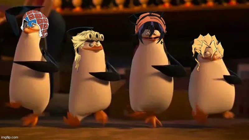 Anime penguins doing the JOJO REFERENCE | image tagged in penguin torture dance | made w/ Imgflip meme maker