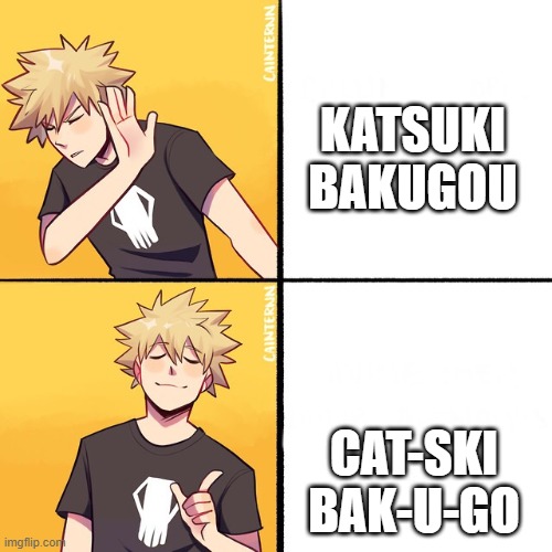 lol | KATSUKI
BAKUGOU; CAT-SKI
BAK-U-GO | image tagged in bakugo drake | made w/ Imgflip meme maker