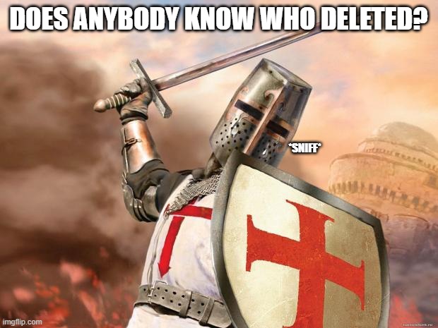 crying crusader | DOES ANYBODY KNOW WHO DELETED? | image tagged in crying crusader | made w/ Imgflip meme maker