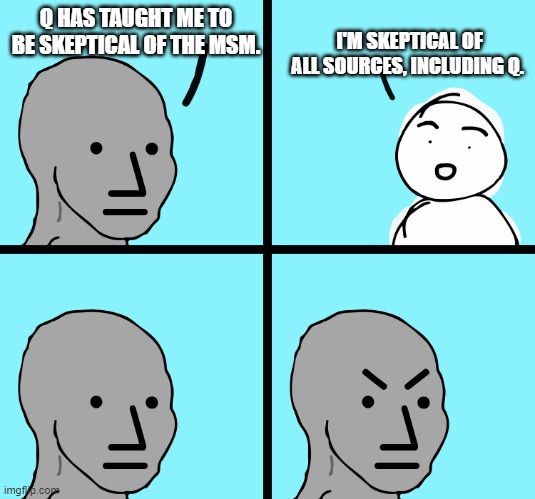 I'm skeptical of your skepticism |  I'M SKEPTICAL OF ALL SOURCES, INCLUDING Q. Q HAS TAUGHT ME TO BE SKEPTICAL OF THE MSM. | image tagged in angry stick figure,qanon,skeptical | made w/ Imgflip meme maker
